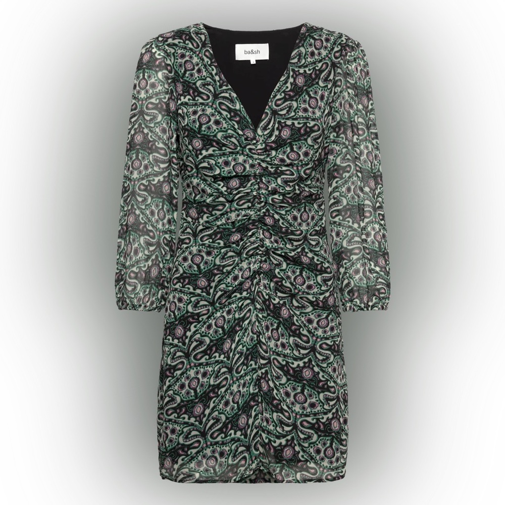 ba&sh Robe Fanny Ruched Front V Neck Viscose Mini Dress - Picture 10 of 16